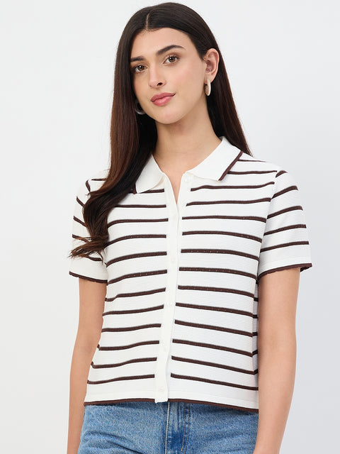 Madame Coffee Striped Cotton Polo Knit T-Shirt