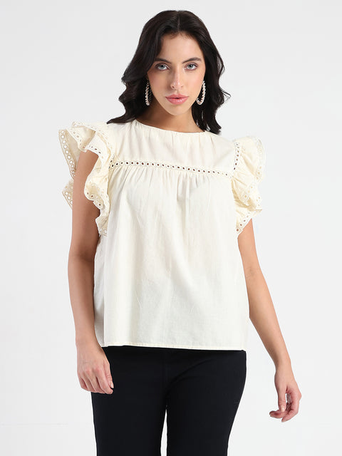 Madame Lace Inserted Off White Cotton Top