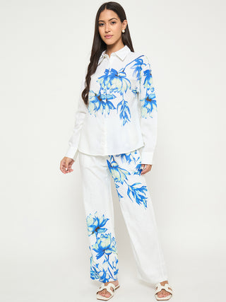 Madame Floral Print Shirt and Trousers Blue Cotton Co-ord Set