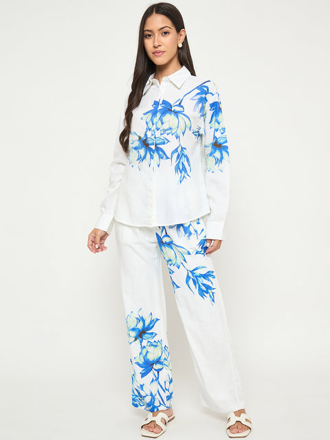 Madame Floral Print Shirt and Trousers Blue Cotton Co-ord Set