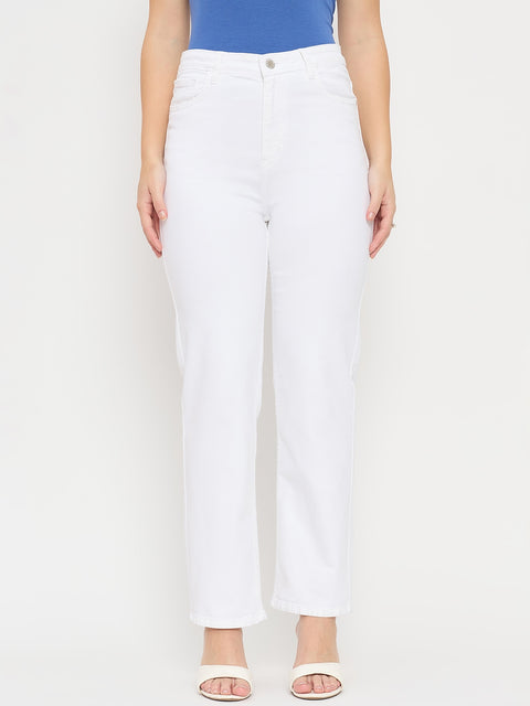 Madame White Cotton Straight Fit Whiskered Jeans