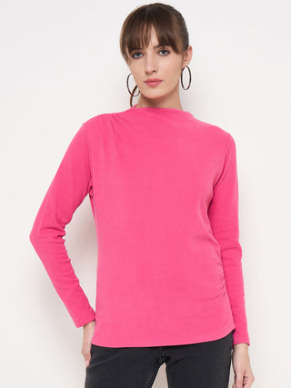 Madame Funnel Neck Full Sleeve Seam Detailed Solid Pink Knitted Top