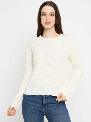Madame Textured Scalloped Hem Off White Knitted Top