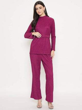 Madame Ribbed Belted Top and Bottom Plum Co-Ord Set