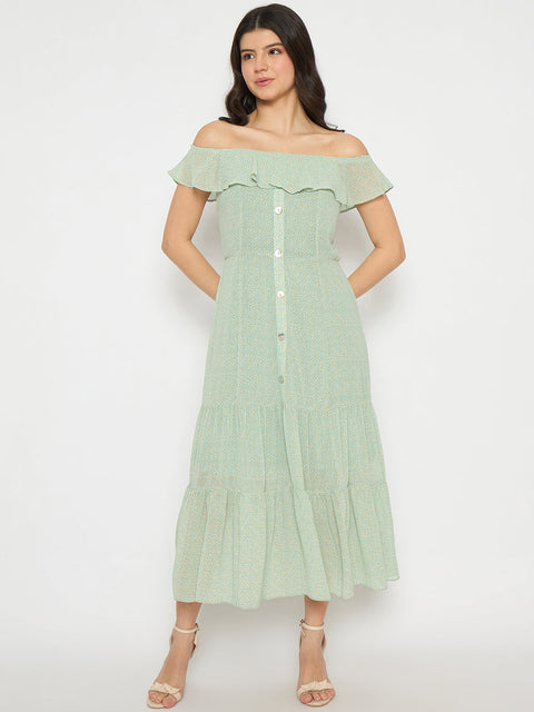 Madame Off Shoulder Solid Green Midi Dress