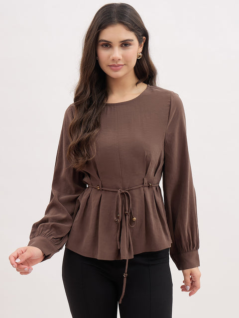 Madame Brown Cinched Waist Rayon Blend Top