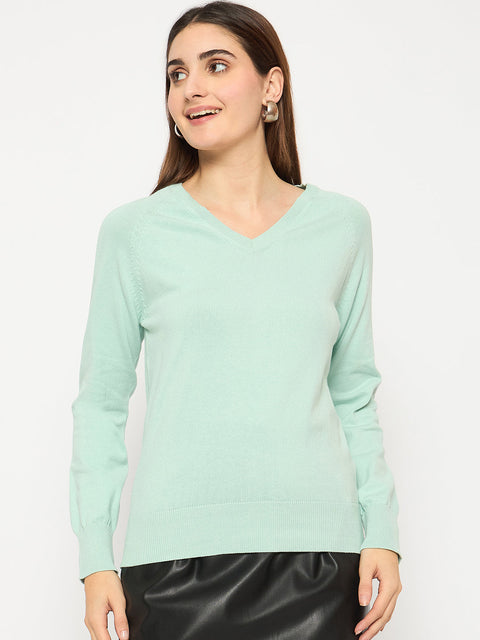 Madame V Neck Skinny Fit Mint Green Sweater