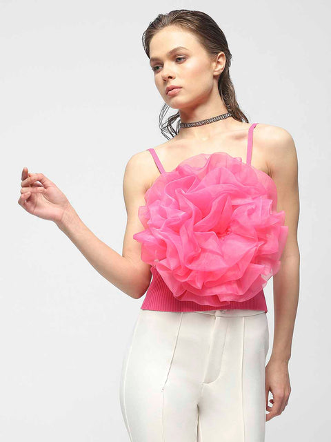 Madame Flower Applique Hot Pink Spaghetti Top