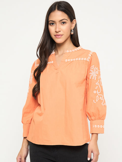 Madame Embroidered Split Crew Warm Amber Cotton Top