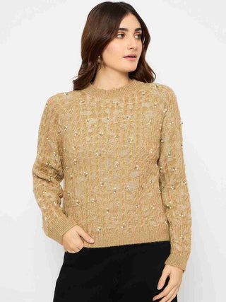 Madame Cable Knit Pearl Embellished Brown Sweater