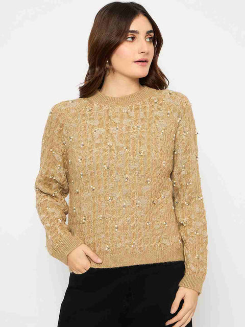 Madame Cable Knit Pearl Embellished Brown Sweater