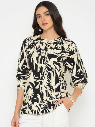 Madame Botanical Print Black Rayon Blend Top