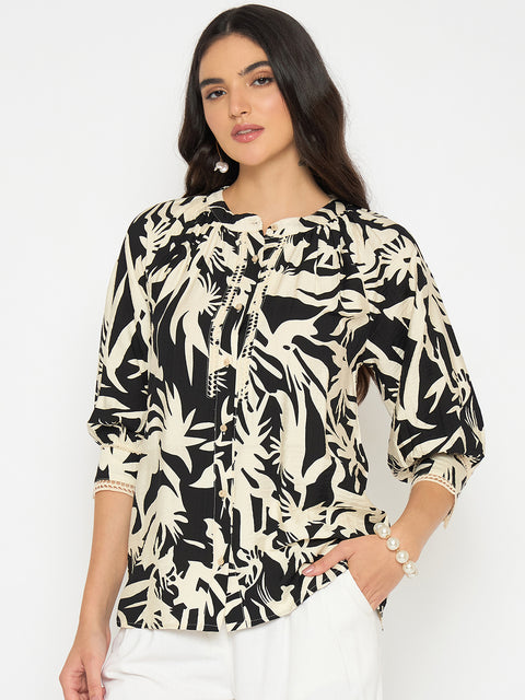 Madame Botanical Print Black Rayon Blend Top