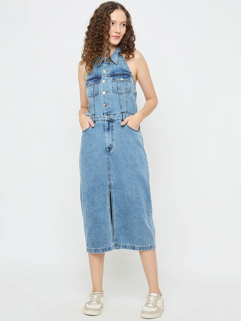 Madame Halter Neck Bodycon Cotton Denim Dress