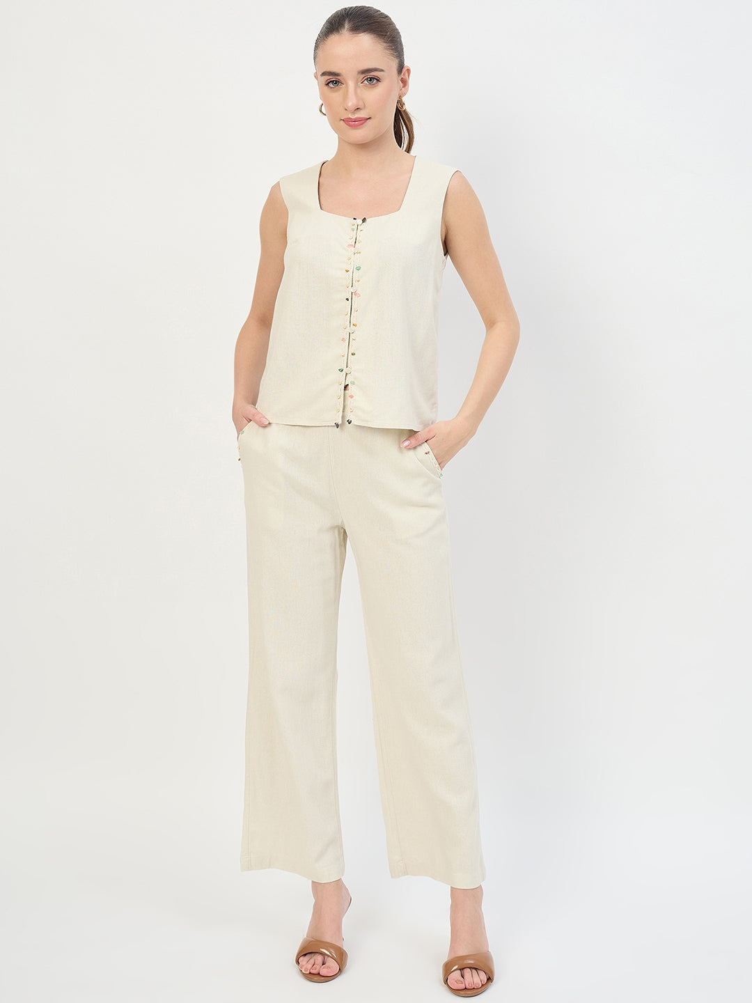 Madame Beige Rayon Linen Sleeveless Co-ord Set color swatch