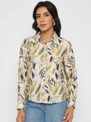 Madame Abstract Print Olive Green Rayon Blend Shirt