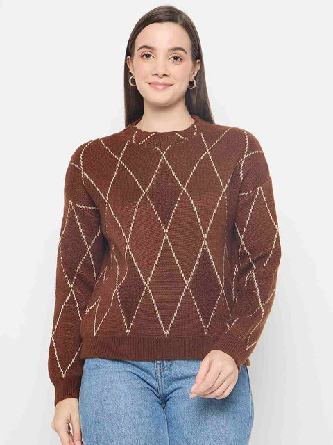 Madame Geometric Print Acrylic Blend Coffee Brown Sweater