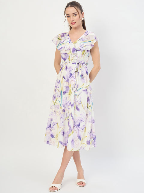 Madame Purple Printed Ruffle Sleeve Midi Dress