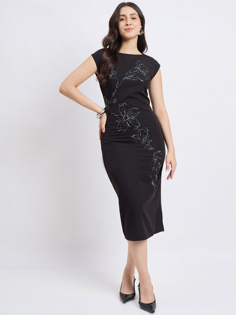 Madame Embroidered Black Bodycon Dress
