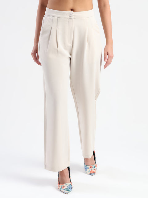 Madame Pleat Detailed Solid Beige Straight Trousers