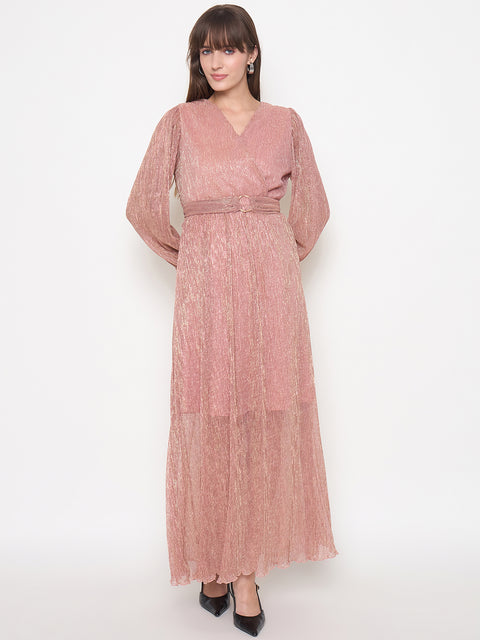 Madame Pliss Self Design Belted Rose Gold Flared Maxi Dress