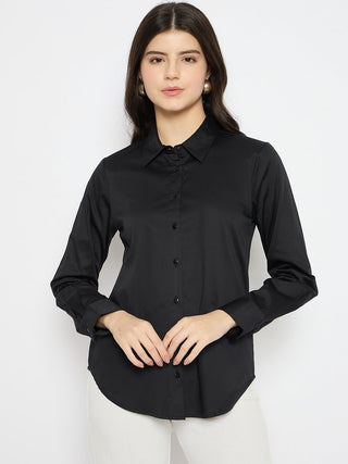 Madame Solid Black Cotton Blend Shirt