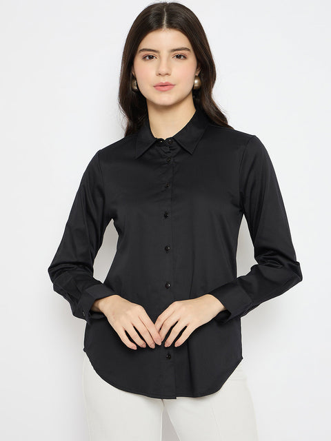 Madame Solid Black Cotton Blend Shirt