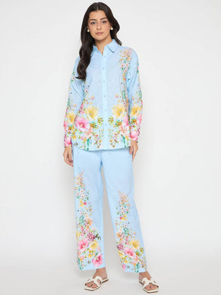 Madame Printed Shirt and Trousers Blue Cotton Co-ord Set