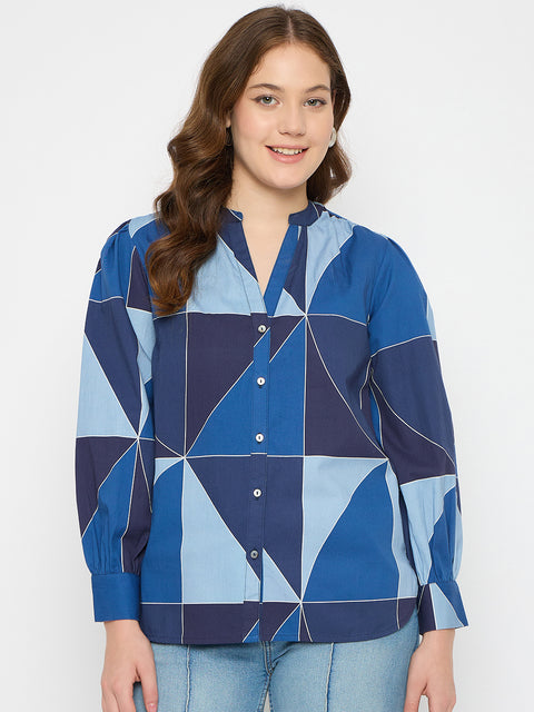 Madame Geometric Print Navy Blue Cotton Top