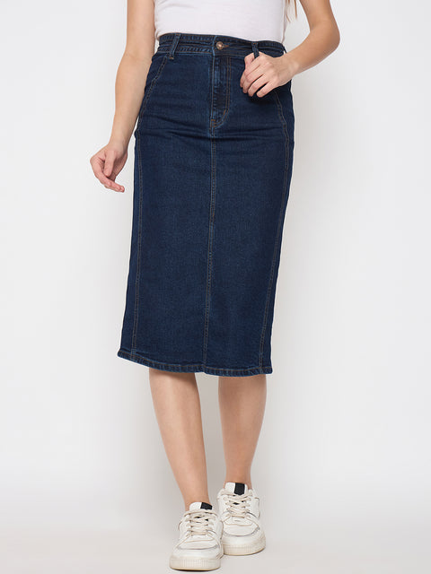 Madame Seam Detailed Dark Blue Denim Midi Skirt