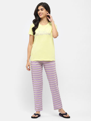Msecret Typography T-Shirt With Striped Pajama Lime Green Nightsuit