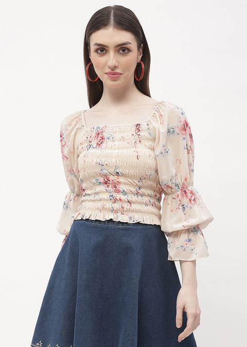 Madame Floral Beige Smocked Top