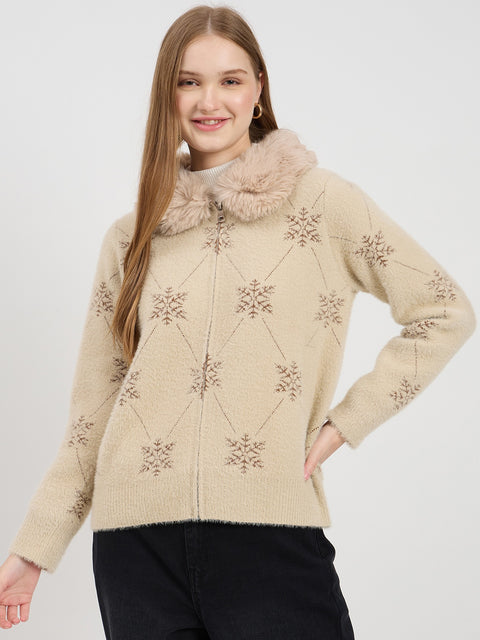 Madame Beige Printed Fur Collar Cardigan