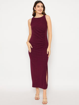 Madame Shanaya Kapoor Shimmery Gathered Detail Bodycon Wine Maxi Dress