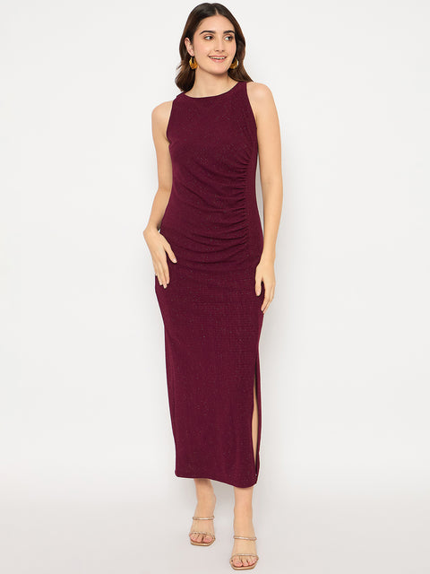Madame Shimmery Gathered Detail Bodycon Wine Maxi Dress