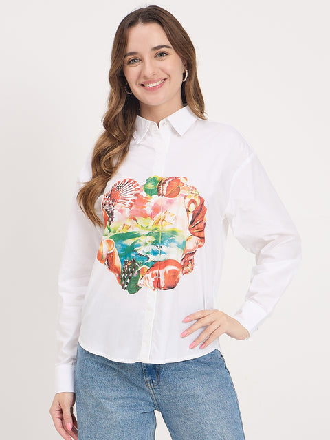 Madame White Graphic Print Cotton Full Sleeve Shirt