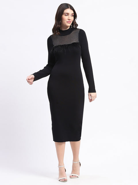 Madame Mock Neck Black Bodycon Midi Dress