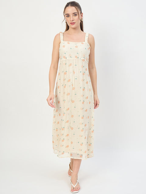 Madame Beige Printed Sleeveless Midi Dress