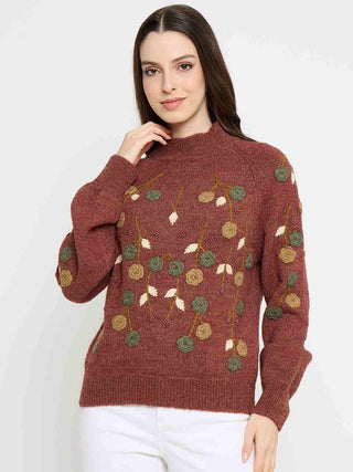 Madame Floral Embroidered Brown Pullover Sweater