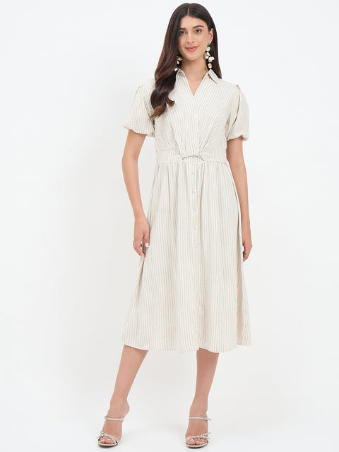 Madame Beige Viscose Linen Blend Midi Dress