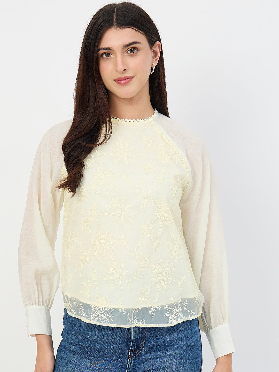 Madame Butter Yellow Embroidered Bishop-Sleeve Viscose Top color swatch