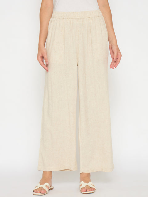 Madame Straight Fit Solid Beige Rayon Blend Trousers