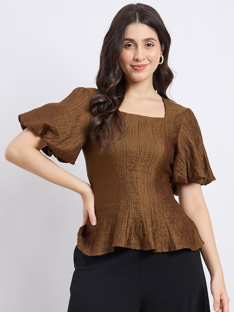 Madame Textured Olive Puff Sleeve Top