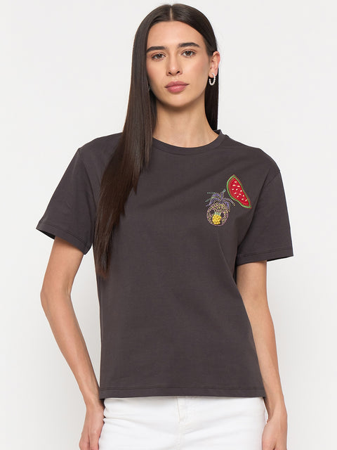 Madame Charcoal Cotton Half-Sleeve T-Shirt
