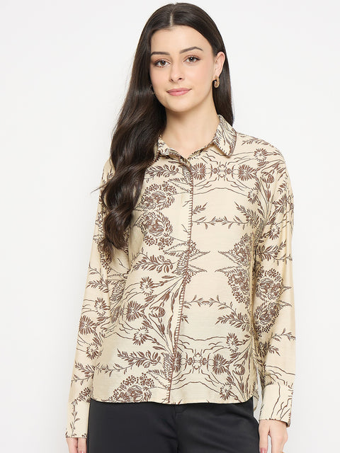 Madame Beige Rayon-Nylon Printed Shirt