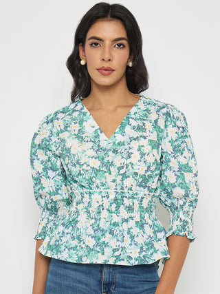 Madame Abstract Print Nylon Blend Pink Peplum Top