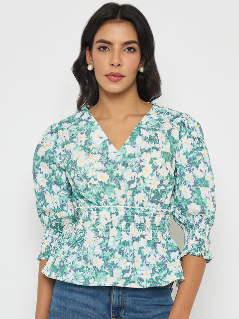 Madame Abstract Print Nylon Blend Pink Peplum Top