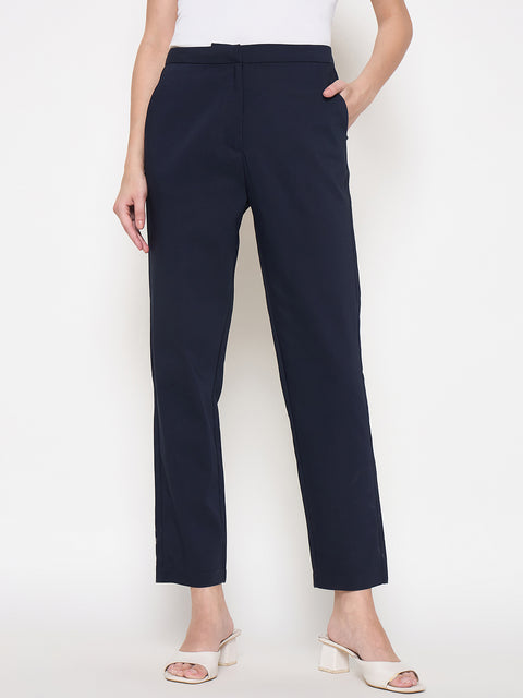 Madame Alex Waist Belt Detail Solid Navy Blue Trousers