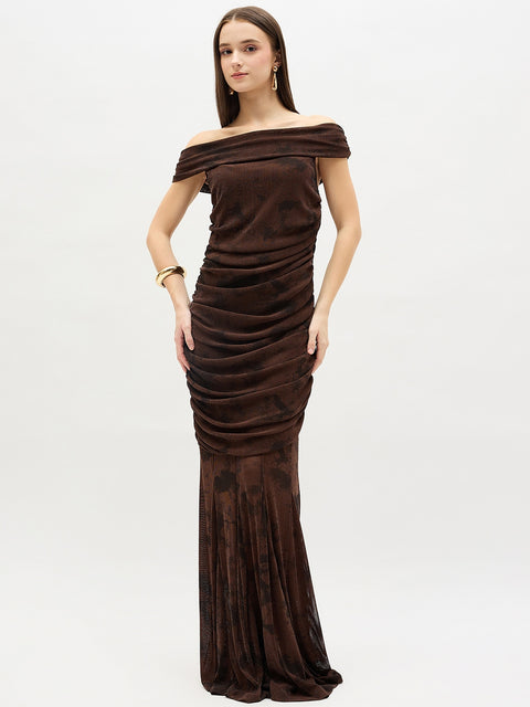 Madame Brown Mesh Off-Shoulder Bodycon Dress