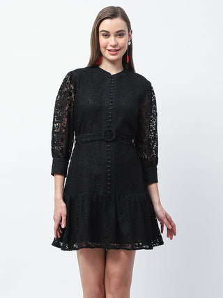 Madame Sheer Embroidered Belted Mini Black Mesh Dress